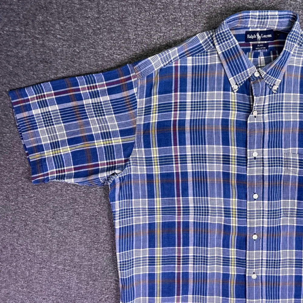 Ralph Lauren Shirt Mens L‎ Blue Plaid Blake Cotton Short Sleeve Classic Casual